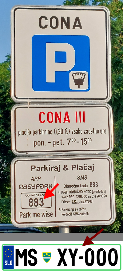 Prometni znak za parkiranje in vzorčna registrska MS XY-000
