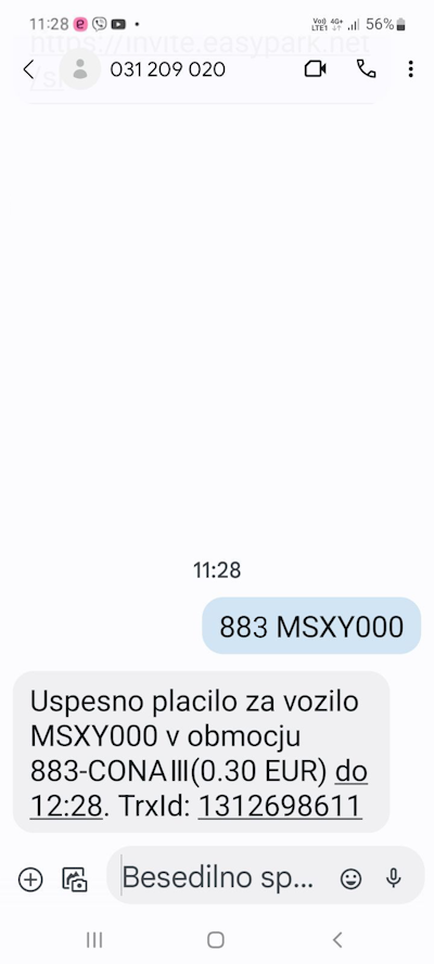 Potrditev začetka parkiranja preko SMS sporočila
