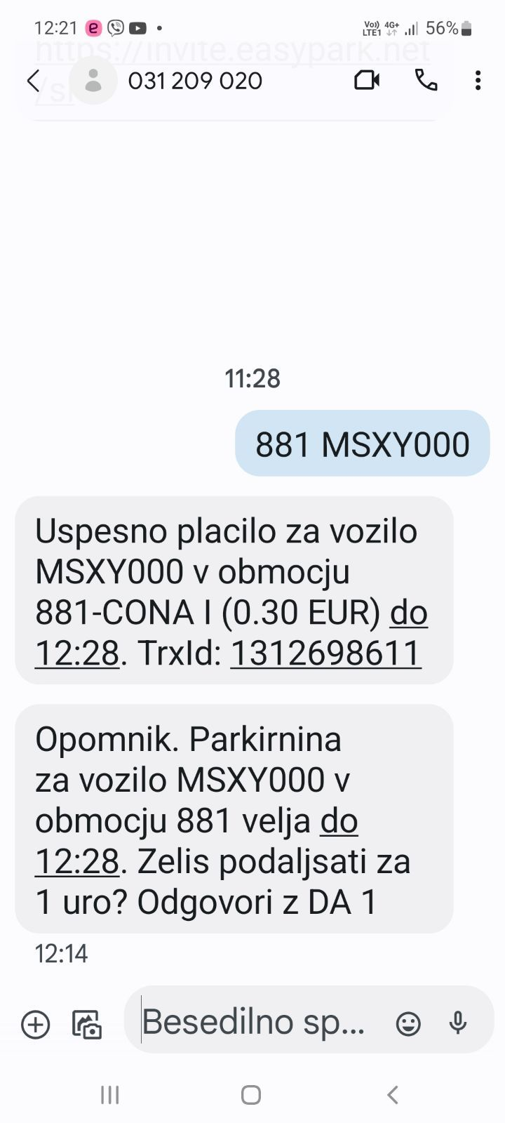 Obvestilo o poteku parkiranja pri plačevanju parkirnine s SMS sporočilom