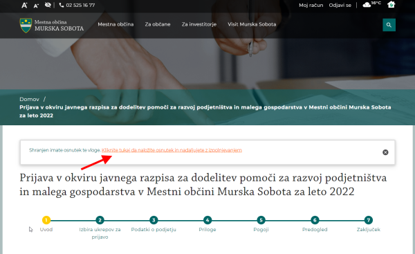 Obvestilo o shranjenem osnutku vloge