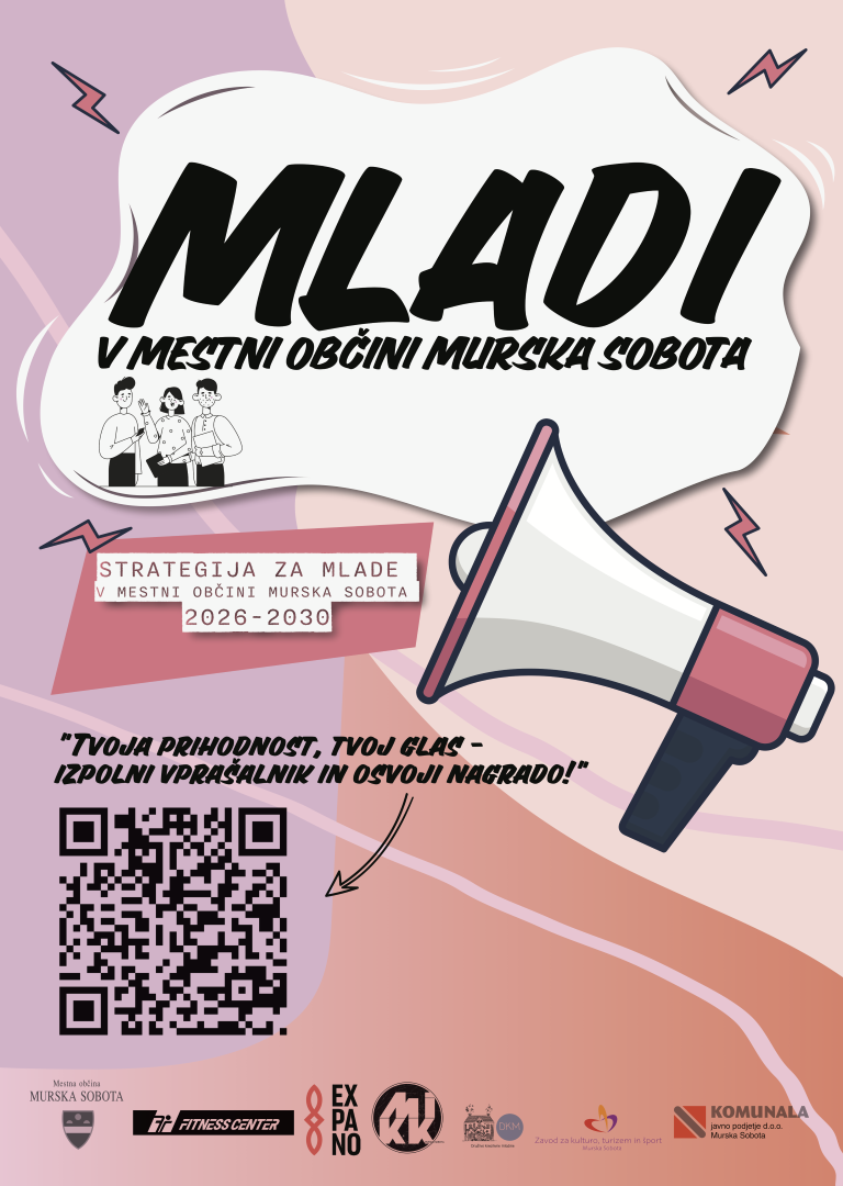 Mladi v Mestni občini Murska Sobota - promocijski letak in QR koda s povezavo do ankete